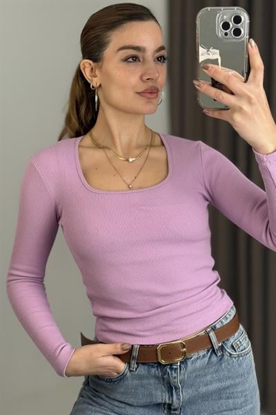 Kadın Fitilli Kare Yaka Uzun Kollu Bluz  Lila