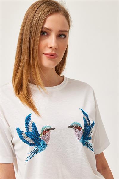 Kuş Baskılı Taş Detaylı Tshirt Ekru