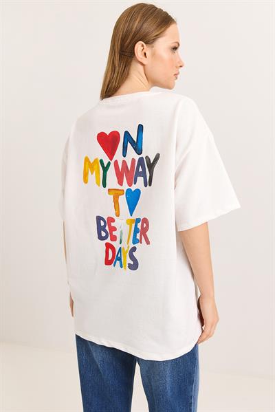My Way Ön ve Arka Baskılı Rahat Kalıp Tshirt Beyaz