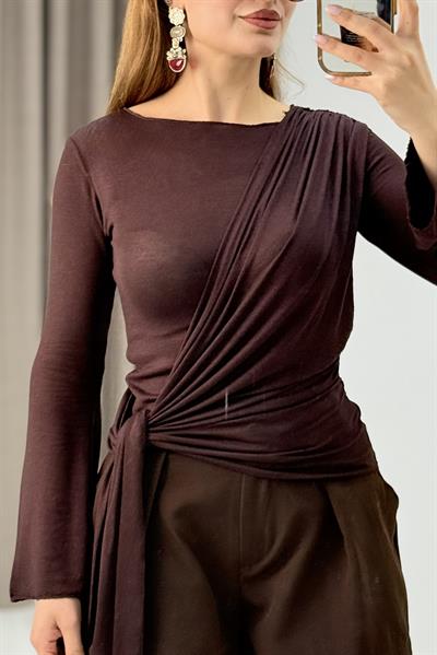 Kadın Kendinden Pelerinli Uzun Kollu Bluz Kahverengi