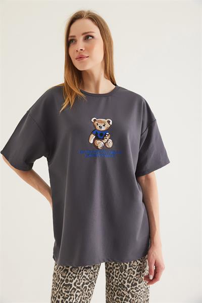 Baskılı Oversize Tshirt Füme