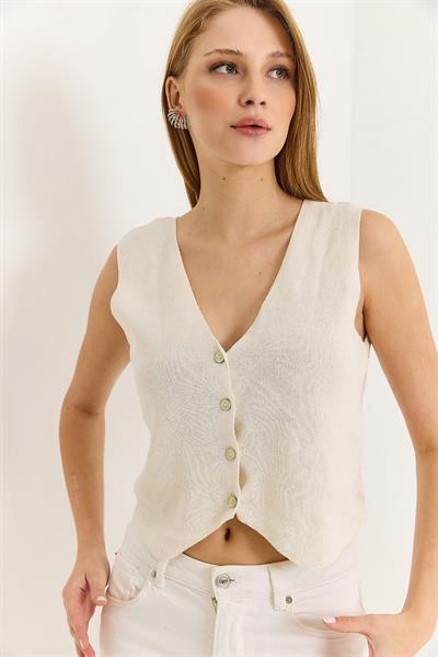 Kadın Arkası Dantel Detaylı Ekru Yelek 