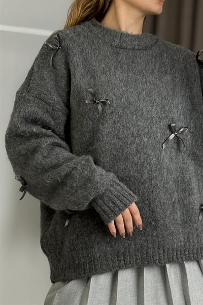 Kadın Kurdele Detaylı Oversize Triko Kazak Antrasit