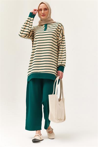 Yakası Düğmeli Çizgili İkili Takım Yeşil