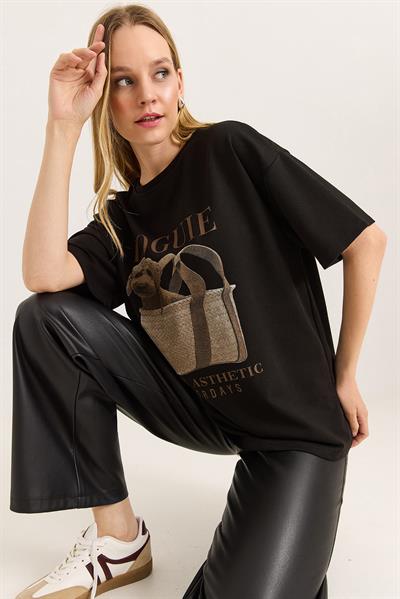 Baskılı Bisiklet Yaka Basic Tshirt Siyah