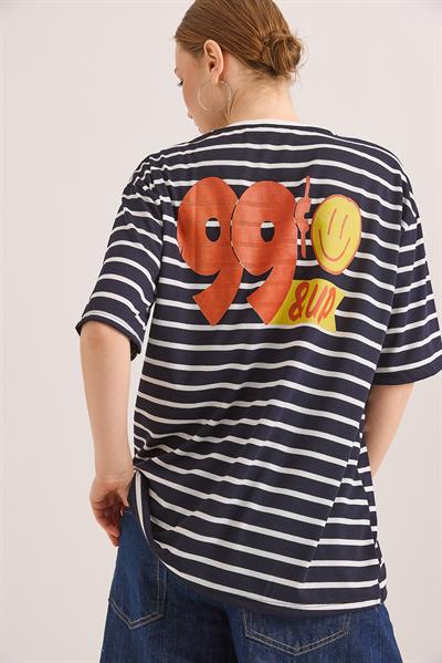 Karikatür Up Baskılı Çizgili Salaş Tshirt Lacivert