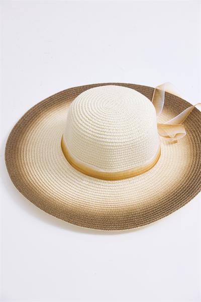Büyük Kenarlı Renkli Hasır Kadın Şapka Bej