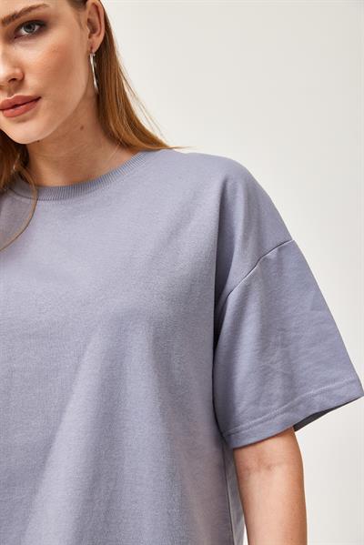 Basic Bisiklet Yaka Tshirt İndigo