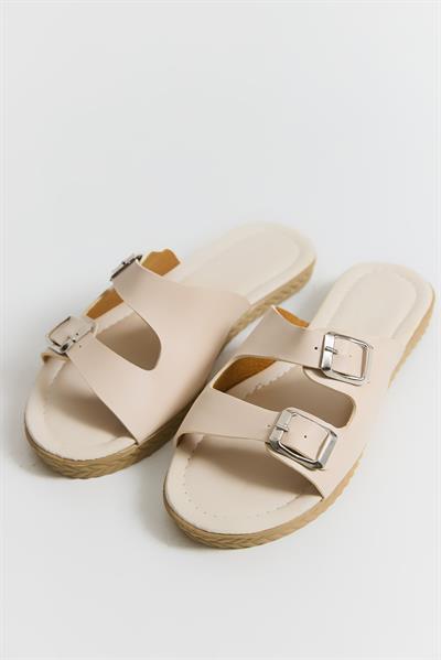 Çift Tokalı Yumuşak Taban Kadın Terlik Krem