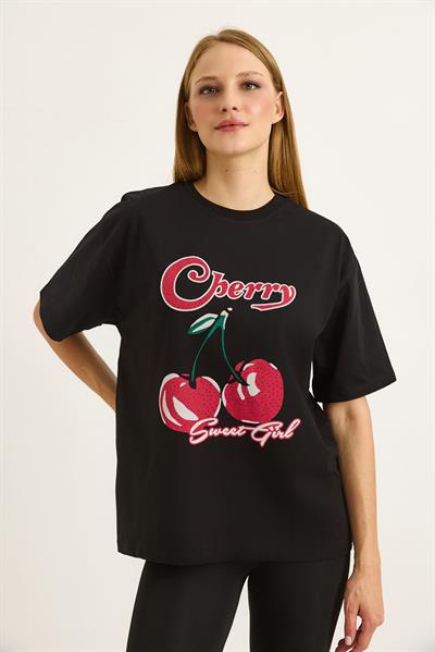 Baskılı Bisiklet Yaka Kadın Tshirt Siyah