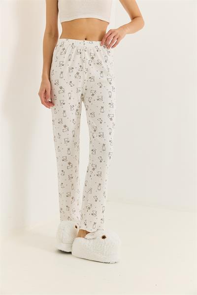 Kadın Renkli Tavşan Baskılı İnterlok Pamuk Pijama Altı Beyaz