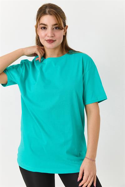 Kadın Bisiklet Yaka Baskısız Düz Bisiklet Yaka Tshirt Yeşil