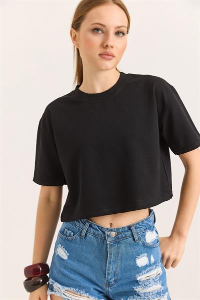 Bisiklet Yaka Havalı Crop İki İp Tshirt Siyah