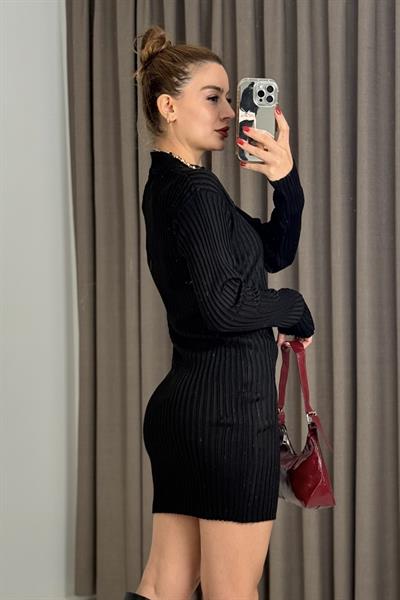 Bisiklet Yaka Mini Triko Elbise Siyah