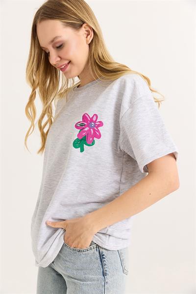 Baskılı Bisiklet Yaka Basic Tshirt Gri