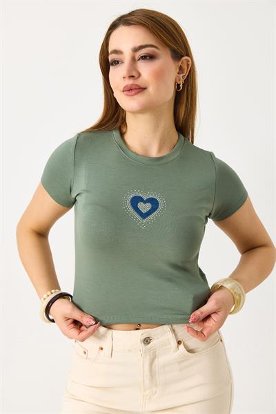Kadın Kalp Nakış ve Taş Detaylı Crop Bluz Yeşil