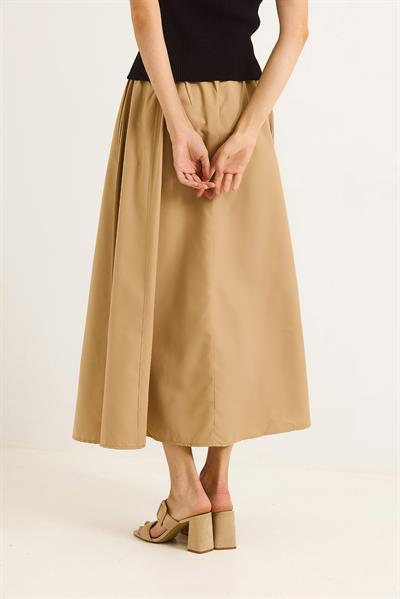 Beli Lastikli Poplin Günlük Uzun Etek Vizon