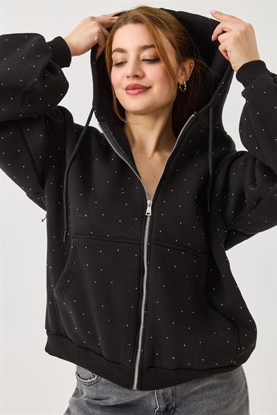 Kadın Taş Detaylı Kapüşonlu 3 İplik Fermuarlı Sweatshirt Siyah