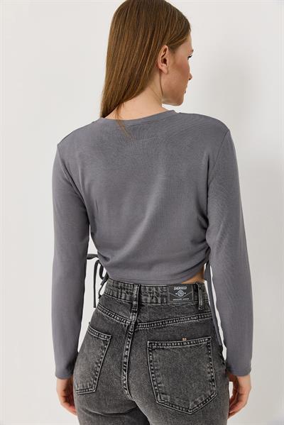 Yanları Büzgülü Uzun Kollu Antrasit Bluz 