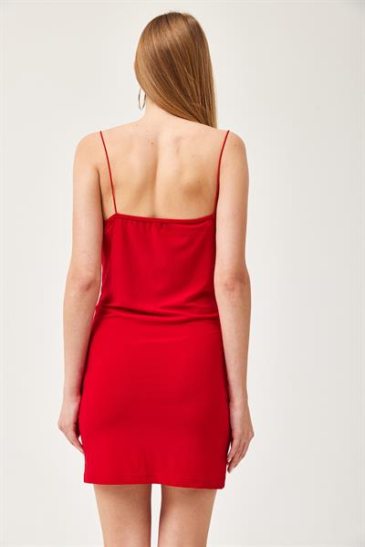 Degaje Yaka İp Askılı Mini Elbise Kırmızı	