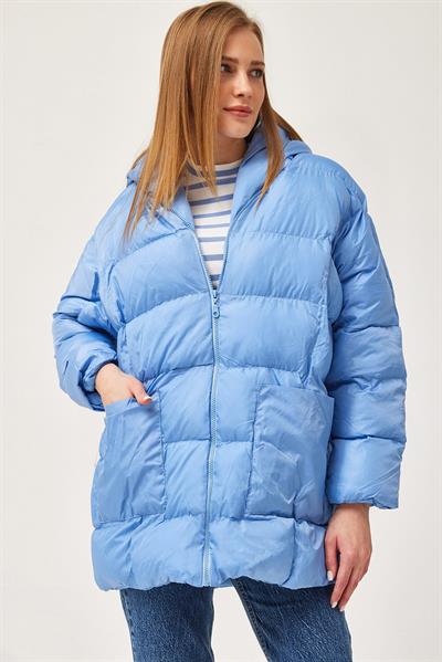 Kapüşonlu Oversize Şişme Mont Mavi