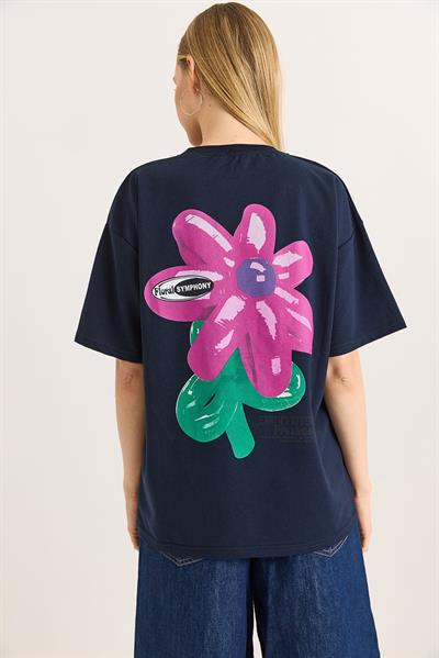 Baskılı Bisiklet Yaka Basic Tshirt Lacivert