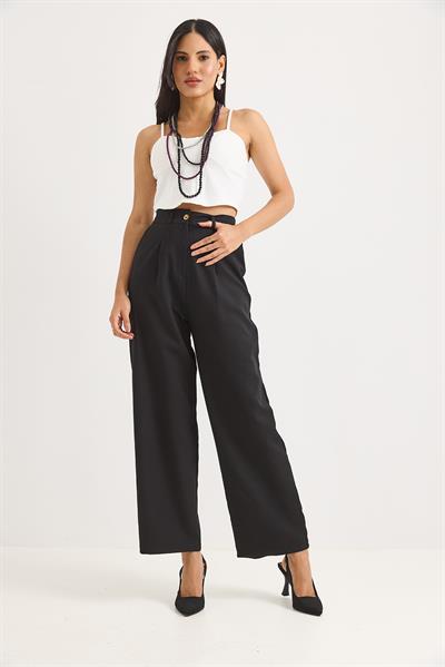 Yüksek Bel Bol Paça Pantalon Siyah