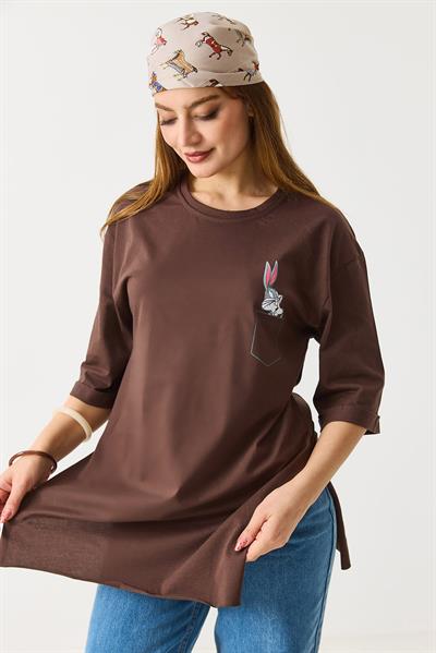 Kadın Yanları Yırtmaçlı Oversize  Basic Tshirt Kahverengi 