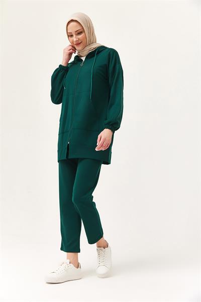 Kadın Kapüşonlu Fermuarlı İkili Takım Yeşil