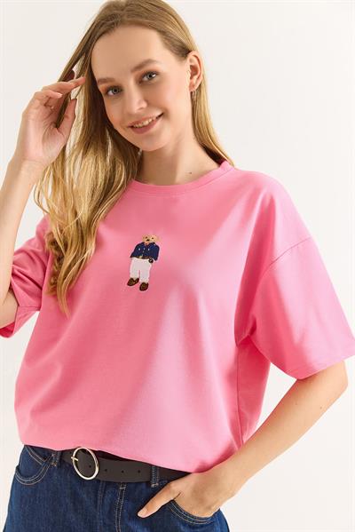Ayıcık Nakışlı Rahat Kalıplı Tshirt Pembe