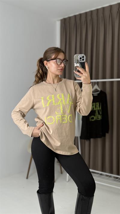 Kadın Vizon Yazı Baskılı Uzun Kollu  Tshirt