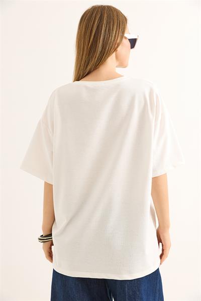 Baskılı Oversize Kesim Kadın Tshirt Beyaz