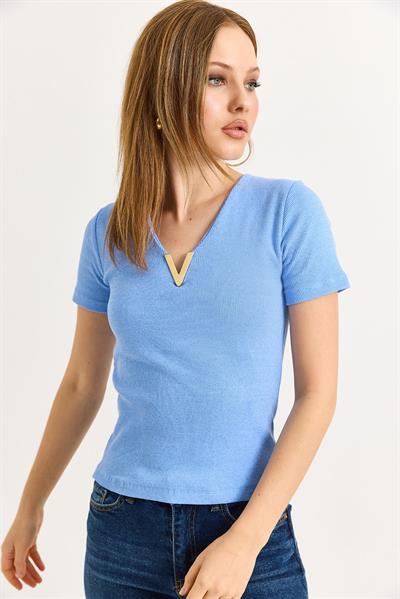 Yaka V detay Kısa Kol Kaşkorse  Mavi