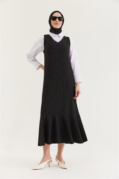 Çizgili Sıfır Kol Beli Kuşaklı Elbise Siyah