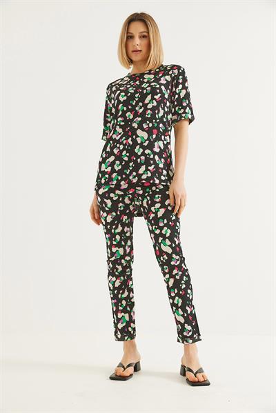 Desenli Kısa Kol İkili Takım Siyah 