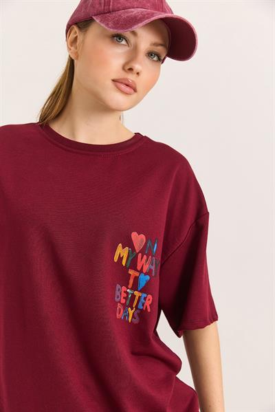 My Way Ön ve Arka Baskılı Rahat Kalıp Tshirt Bordo