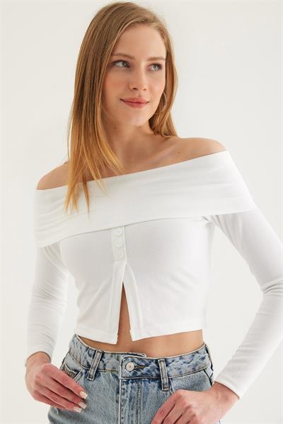 Kayık Yaka Yırtmaçlı Bluz Beyaz