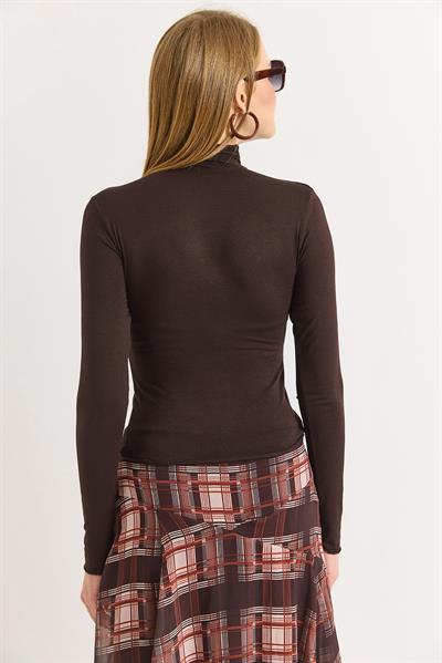 Kadın Siyah Balıkçı Yaka Transparan Kaşmir Bluz Kahverengi