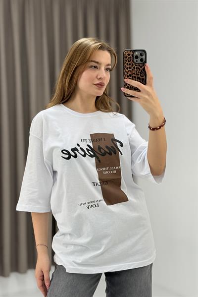 Kadın Yazı Baskılı Bisiklet Yaka Tshirt Beyaz