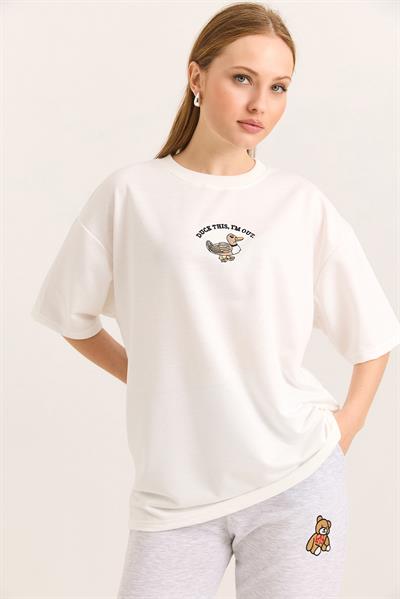 Duck Nakışlı Oversize İki İplik Tshirt Ekru