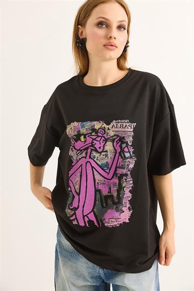 Baskılı Oversize Kesim Kadın Tshirt Siyah