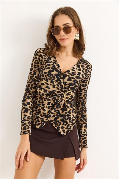 Kadın Yandan Tokalı Bluz Leopar