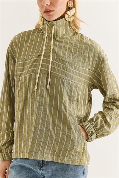 Kadın Dik Yaka Fermuarlı Çizgili Şık Gömlek  Haki