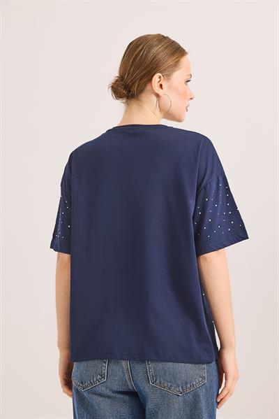 Taş Detaylı Rahat Kalıp Premium Pamuk Tshirt	Lacivert