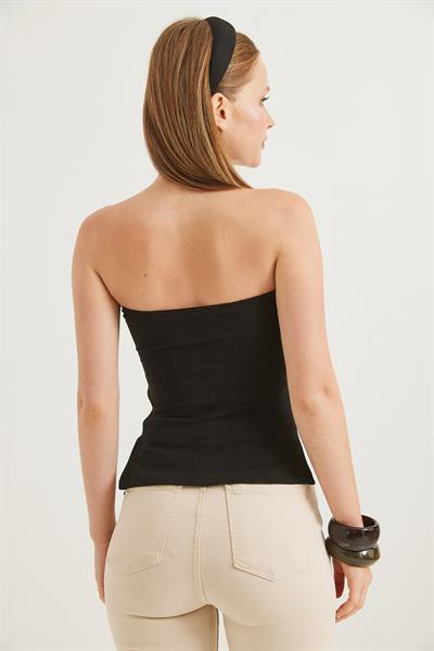 Yanları Büzgülü Yırtmaçlı Esnek Straplez Bluz Siyah