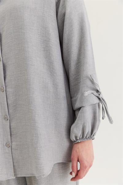 Kol Büzgülü Gömlek Pantolon İkili Takım Gri