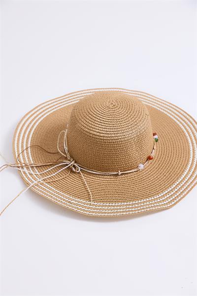 Fiyonk Detaylı Çizgili Hasır Plaj Havuz Şapkası Vizon