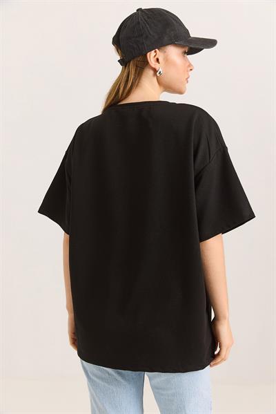 Oversize İki İplik Brooklyn Baskılı Siyah Tshirt