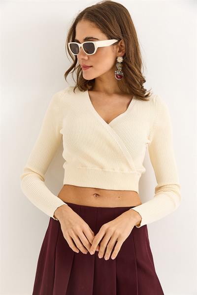 Kadın Kruvaze Yaka Uzun Kollu Şık Crop Triko Bluz Bej