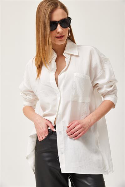 Oversize Cepli Poplin Gömlek Beyaz